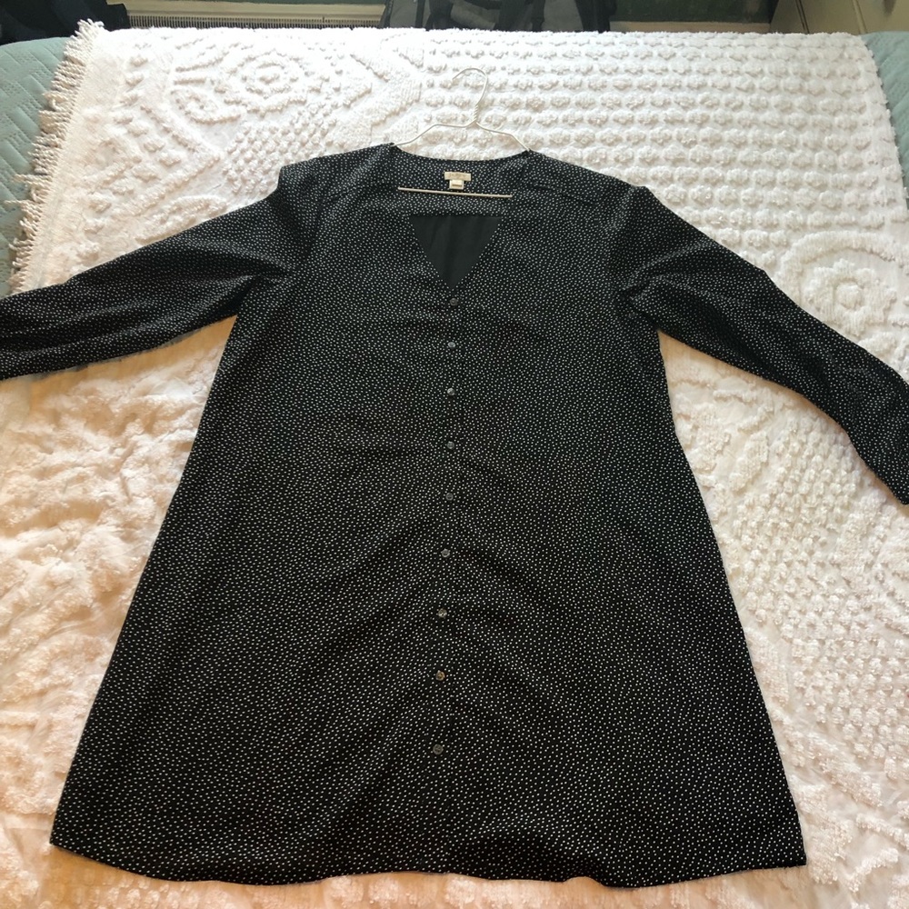 J. Crew black/white polka dot button-up dress sz Lg fully lined v-neck polyester